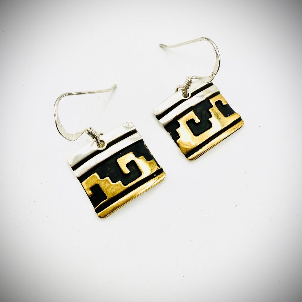 T&R Singer Navajo Sterling Gold Overlay Dangle Earrings